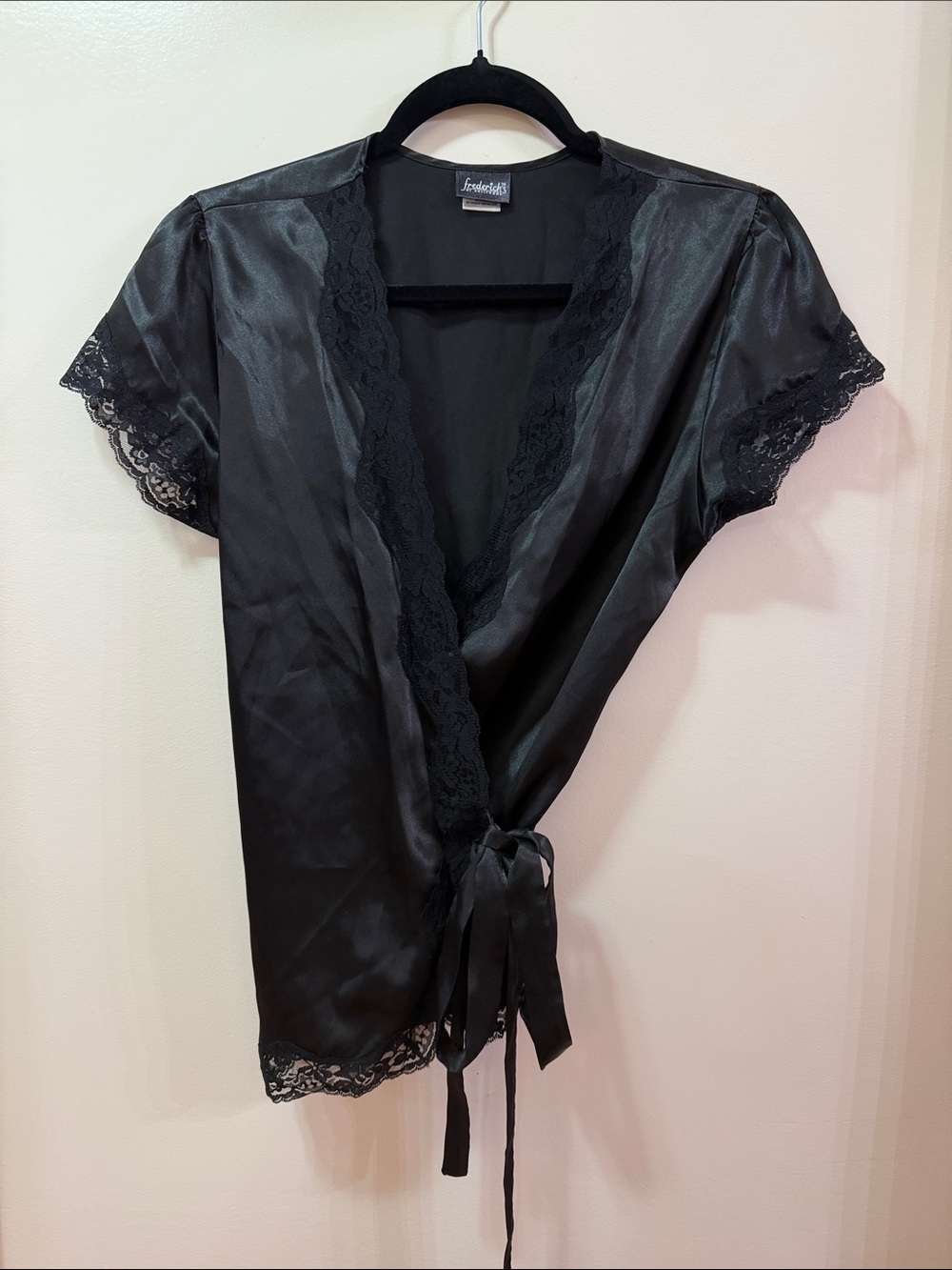 Frederick's of Hollywood Black Satin Lace-Trim Wrap Top. NWOT. Size Large